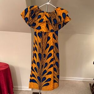 Bold African Print Off-Shoulder Dress in Yellow and Blue